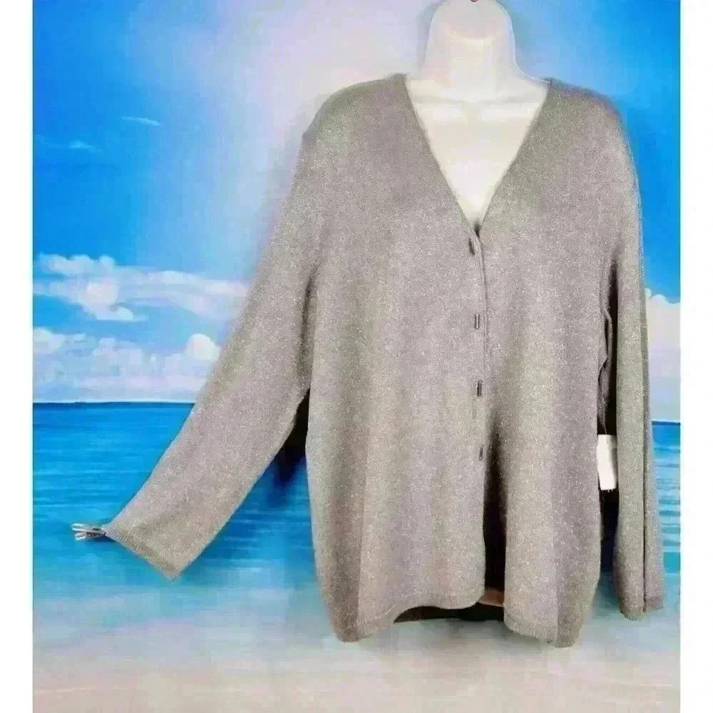 NWT JOSEPHINE CHAUS Womans SILVERY GREY Metallic Cardigan Sweater Silk size 2x